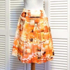 Lafayette 148 Flame Orange Watercolor Silk Cotton Blend Pleated Skirt Size 6